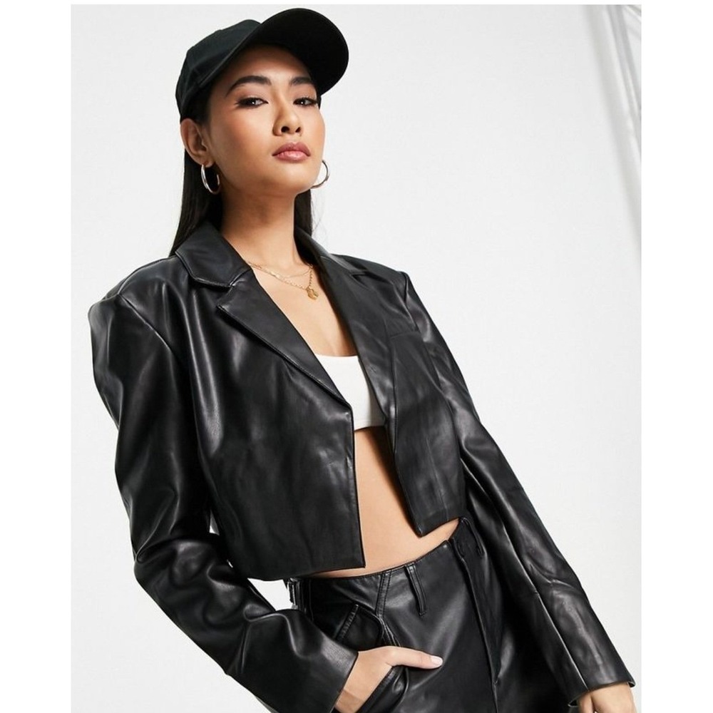 New‎ River Island Cropped Blazer Women 16 Black Faux Leather 90s Tailored Jacket